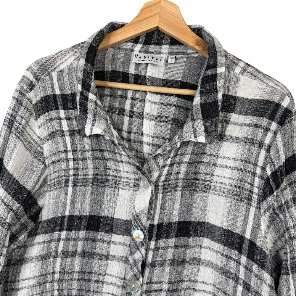 Habitat Clothes To Live In Linen Blend Plaid Swing Tunic Shirt Black White L